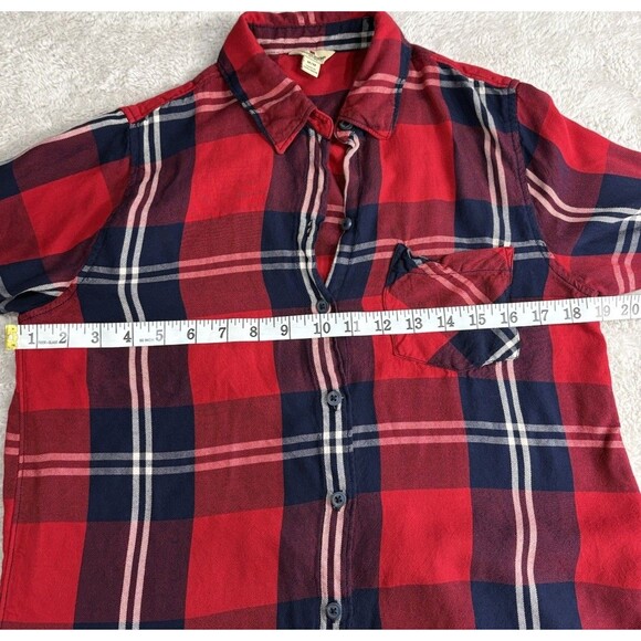 Woolrich Women's Medium Red Plaid Rayon Button Shirt Roll Tab Sleeve Casual - Picture 8 of 12